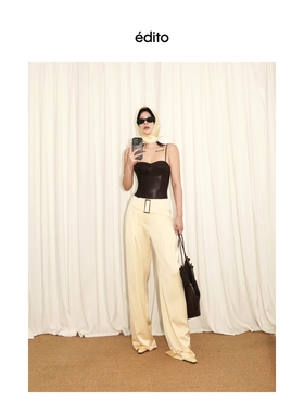 EDITO femme 2025 鹅黄色宽腰带低腰超长休闲西装缎面阔腿裤