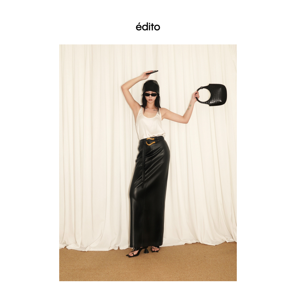 黑色超长皮革直筒半身裙