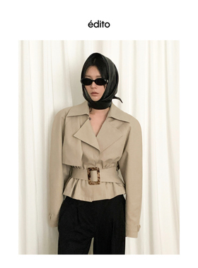 EDITO femme 2025 浅卡其色短款大廓形天丝插肩袖宽肩收腰风衣