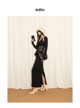EDITO femme 2025 黑色超长解构立体腰头半身裙