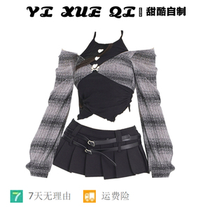 YIXQ原创假两件上衣时尚两件套装秋季新款2023年辣妹甜酷百褶短裙