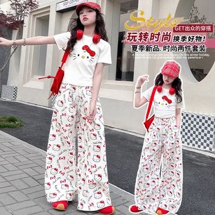 女童套装夏季2025新款时尚气质中大童卡通印花短袖长裤两件套童装