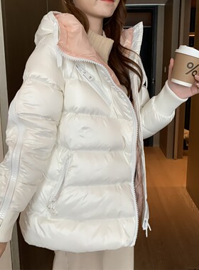 M蒙家斜拉链羽绒服女短款宽松白鹅绒加厚明星同款A高版本保暖外套