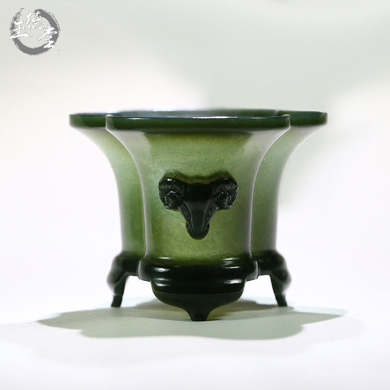玉德堂天然玉石新疆和田玉青玉器皿双羊海棠式笔洗摆件花盆景盆
