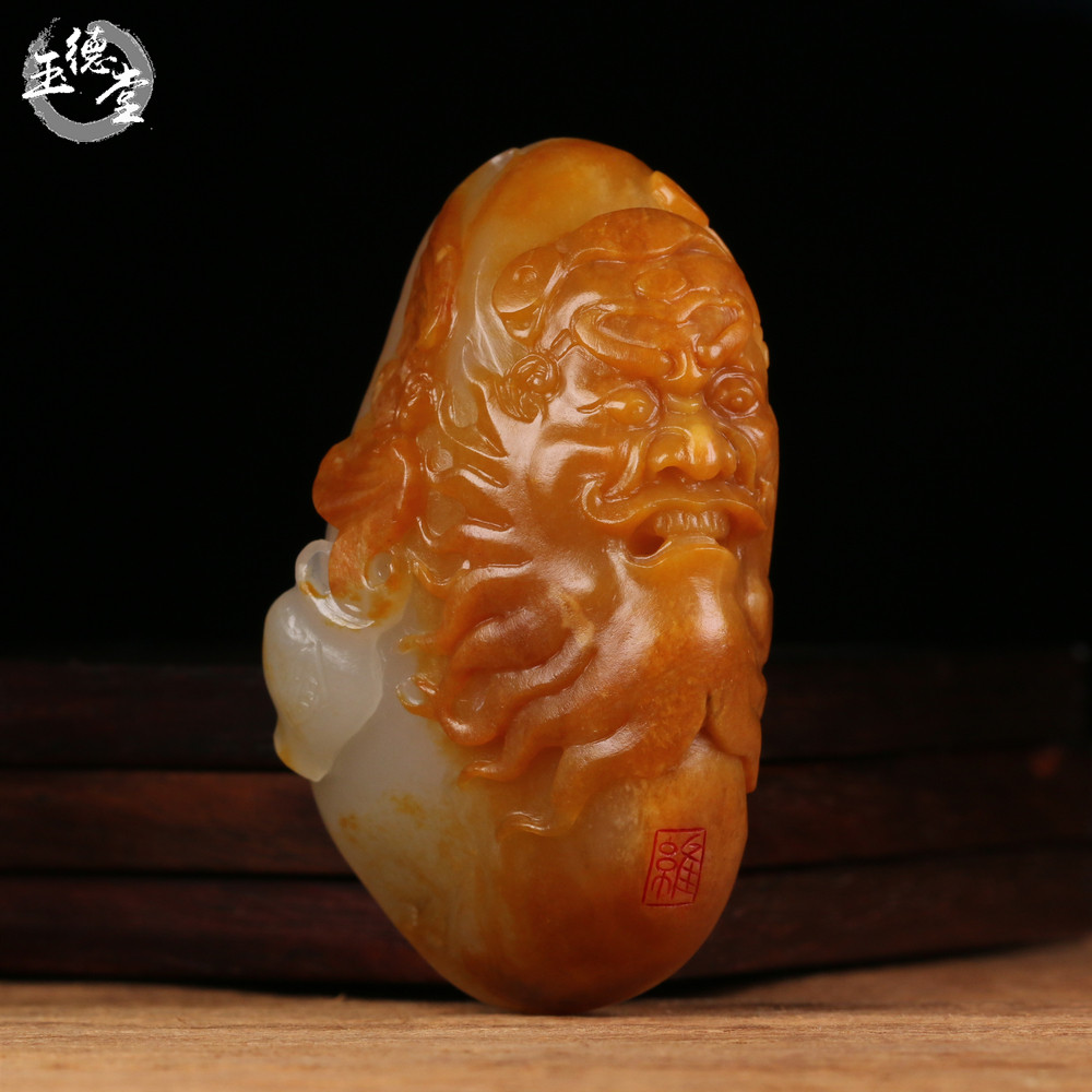 玉德堂新疆和田玉白玉籽料黄皮苏工俏色巧雕独籽钟馗纳福挂件