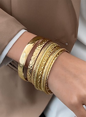 Vintage wide bracelets gold smooth bracelets  of 10 pieces