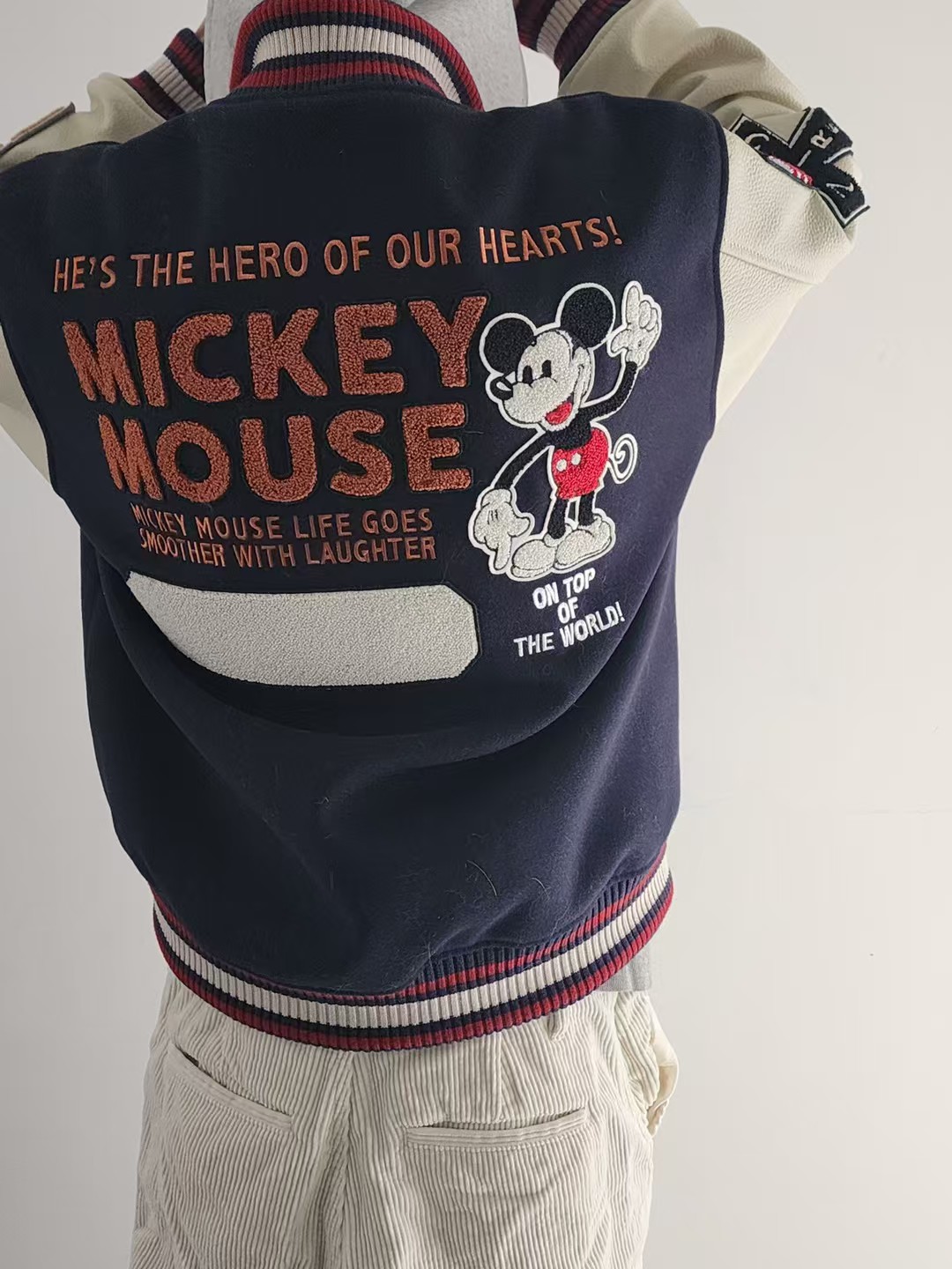 孤品复古重磅刺绣米奇刺绣牛皮袖 毛尼夹克 棒球服外套男女同款