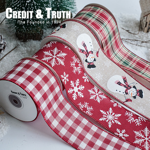 6.3cm细麻印花diy装饰圣诞树布置花艺宽丝带蝴蝶结红色格子铁丝