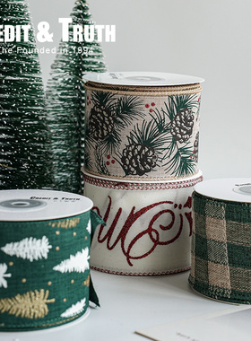 6.3细麻印花绿色主题圣诞节丝带装饰丝带diy蝴蝶结精品铁丝丝带