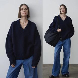 ROW风V领羊绒衫 女宽松慵懒风廓型套头加厚毛衣女针织打底衫