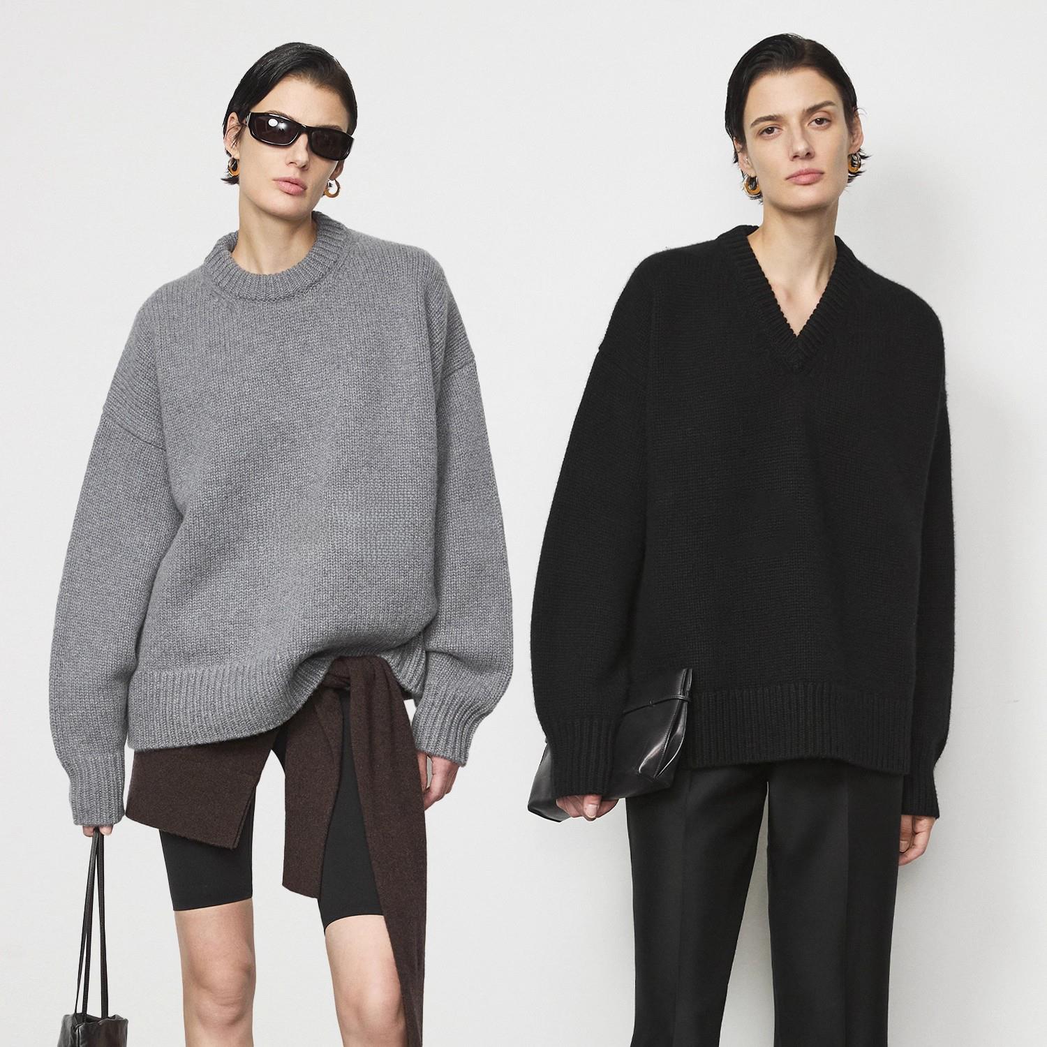 高克重羊绒棒针圆领宽松加厚毛衣