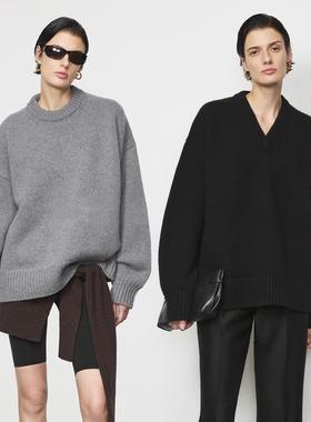ROW风经典款 重磅高克重羊绒粗棒针圆领/V领Ophelia加厚宽松毛衣