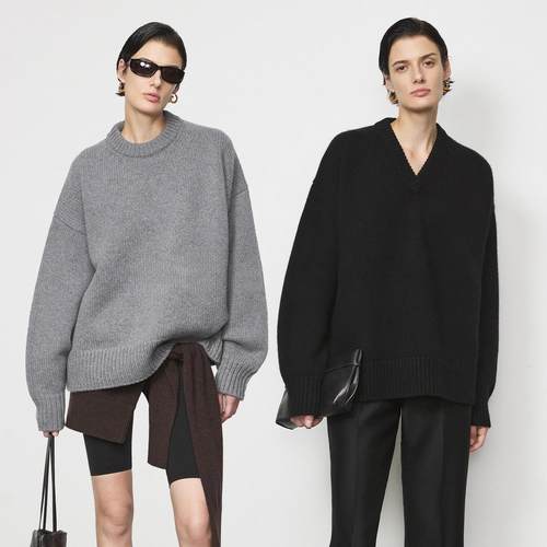 高克重羊绒棒针圆领宽松加厚毛衣