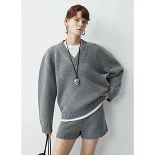 套装 打底外穿羊绒短裤 女V领宽松加厚毛衣慵懒针织衫 ROW风山羊绒衫