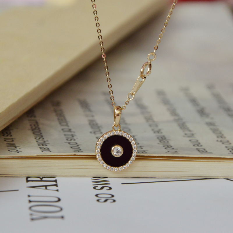 韩国14K真金吊坠   百搭黑色玛瑙镶钻黄金胸坠女礼物