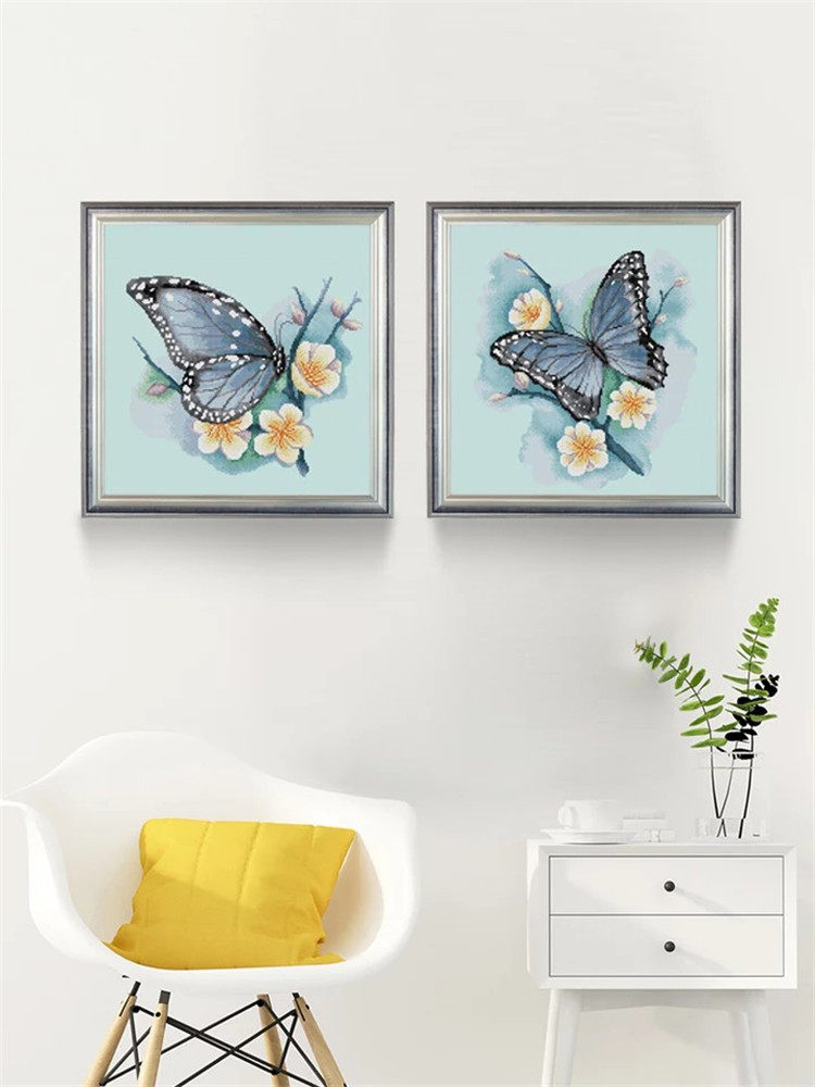 ks cross stitch embroidery 2021 new butterfly cotton thread living room dining room blue butterfly two hanging paintings Lingmei butterfly dream