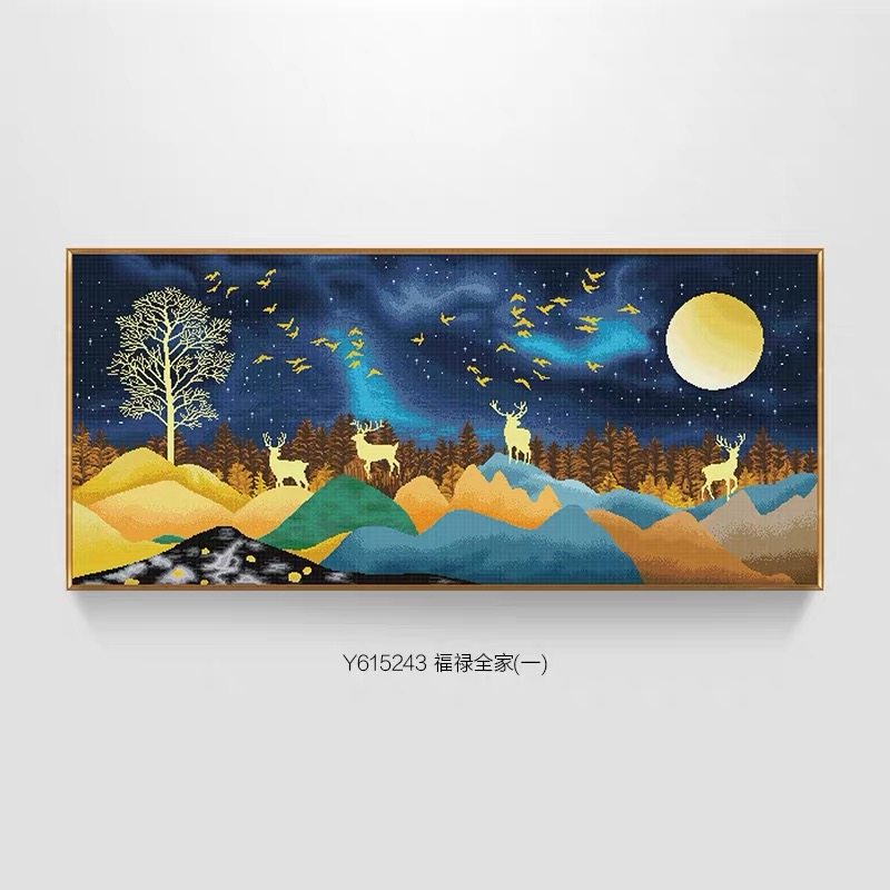 新款背景墙麋鹿全家十字绣KS客厅