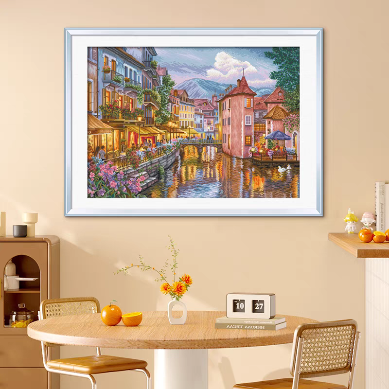 KS十字绣2024新款清新印花套件欧式小屋街道魅力黄昏满绣104色