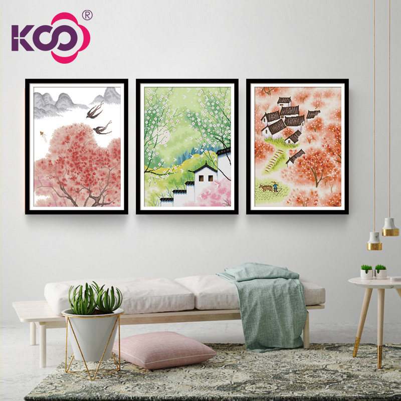 KS十字绣线绣2023新款客厅现代小清新江南自然风景三联画人间四月