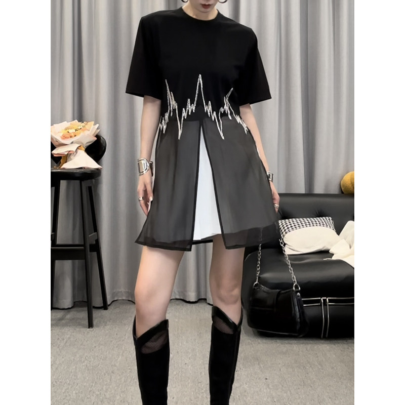 D5205夏季新款高级感气质重工拼接开叉中长款圆领无袖上衣T恤背心