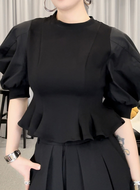 D1625宫廷袖圆领纯色2025新款设计感花苞收腰荷叶上衣