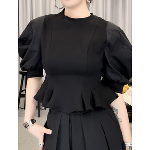 D1625宫廷袖 设计感花苞收腰荷叶上衣 圆领纯色2025新款