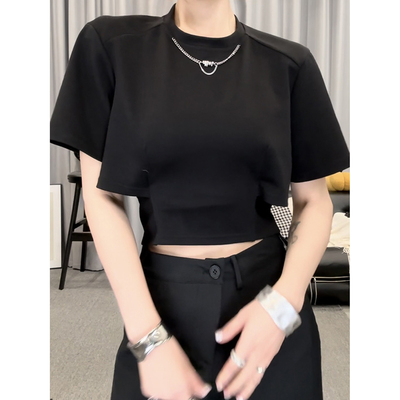 收腰设计感链条圆短袖T恤