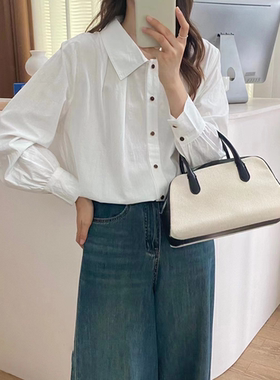 法式压褶白色衬衫女春秋新款翻领长袖衬衣气质温柔设计感小众上衣