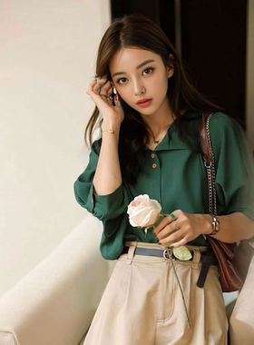 复古绿色短袖衬衫女夏季设计感小众法式高级感翻领衬衣泡泡袖上衣
