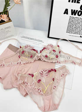 软钢圈刺绣镂空网纱情侣内衣三件套冰丝性感情侣薄款聚拢内衣套装