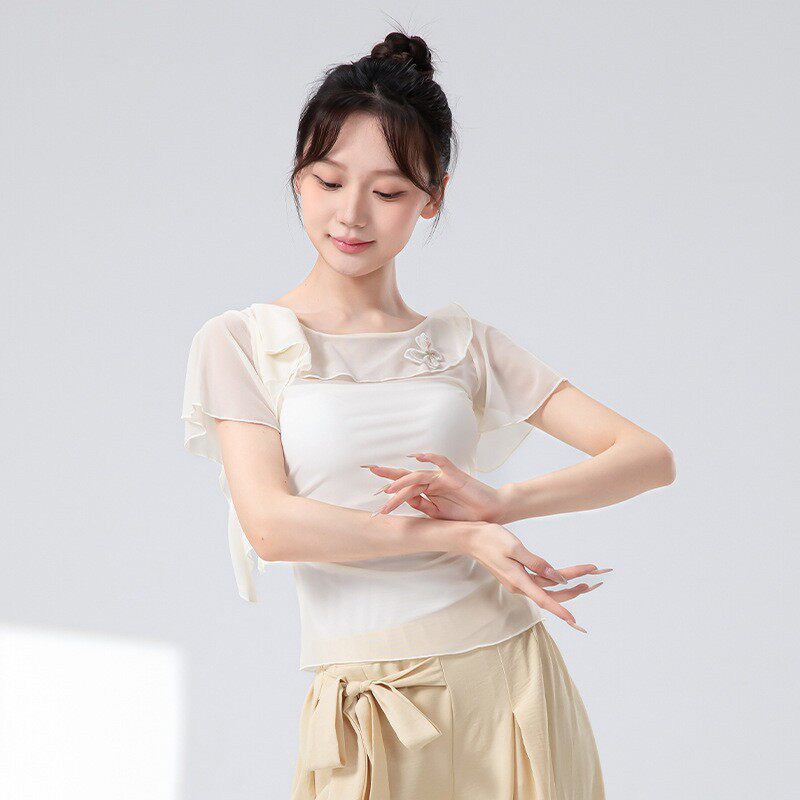 现代舞蹈芭蕾形体教师网纱上衣成人学生练功服飞袖短袖瑜珈纱衣女