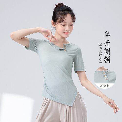 短袖半开侧斜领纽扣棉麻休闲上衣