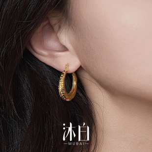 沐白MU中古时尚耳圈金色925素圈耳环通体纯银耳饰设计师独特耳环