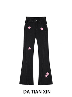 女2023新款 小众星星设计感直筒长裤 潮 欧美式 大码 辣妹微喇叭牛仔裤