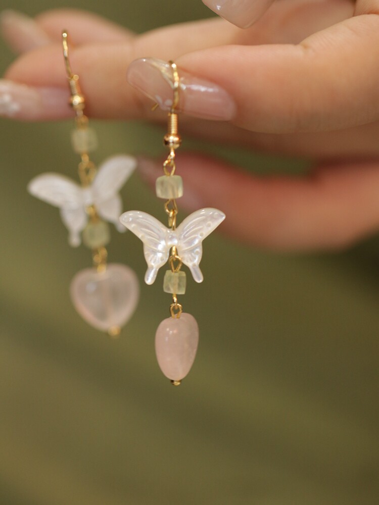 天然粉晶蝴蝶贝壳耳饰古代气质汉服旗袍配饰日常粉嫩简约耳坠精致