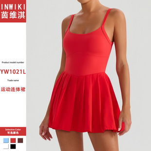 假两件女士网球裙瑜伽吊带连体裙安全裤 连身裙防走光健身连衣短裙