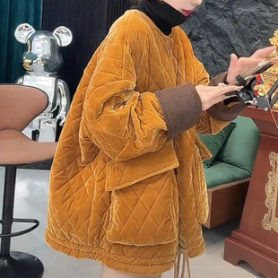 2025加棉加厚流光丝绒女慵懒保暖棉服外套圆领时尚 百搭