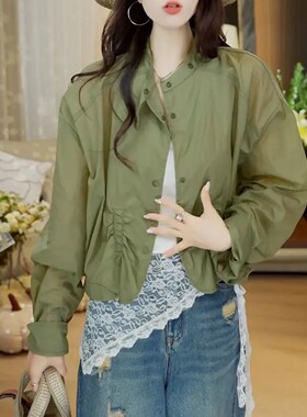 法式复古风棒球服外套女圆领单排扣宽松抽褶显瘦气质轻薄防晒上衣