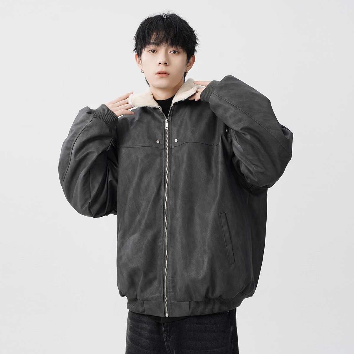 情侣装PU皮羊羔绒夹克棉服冬季加厚保暖翻领棉衣男女保暖工装外套