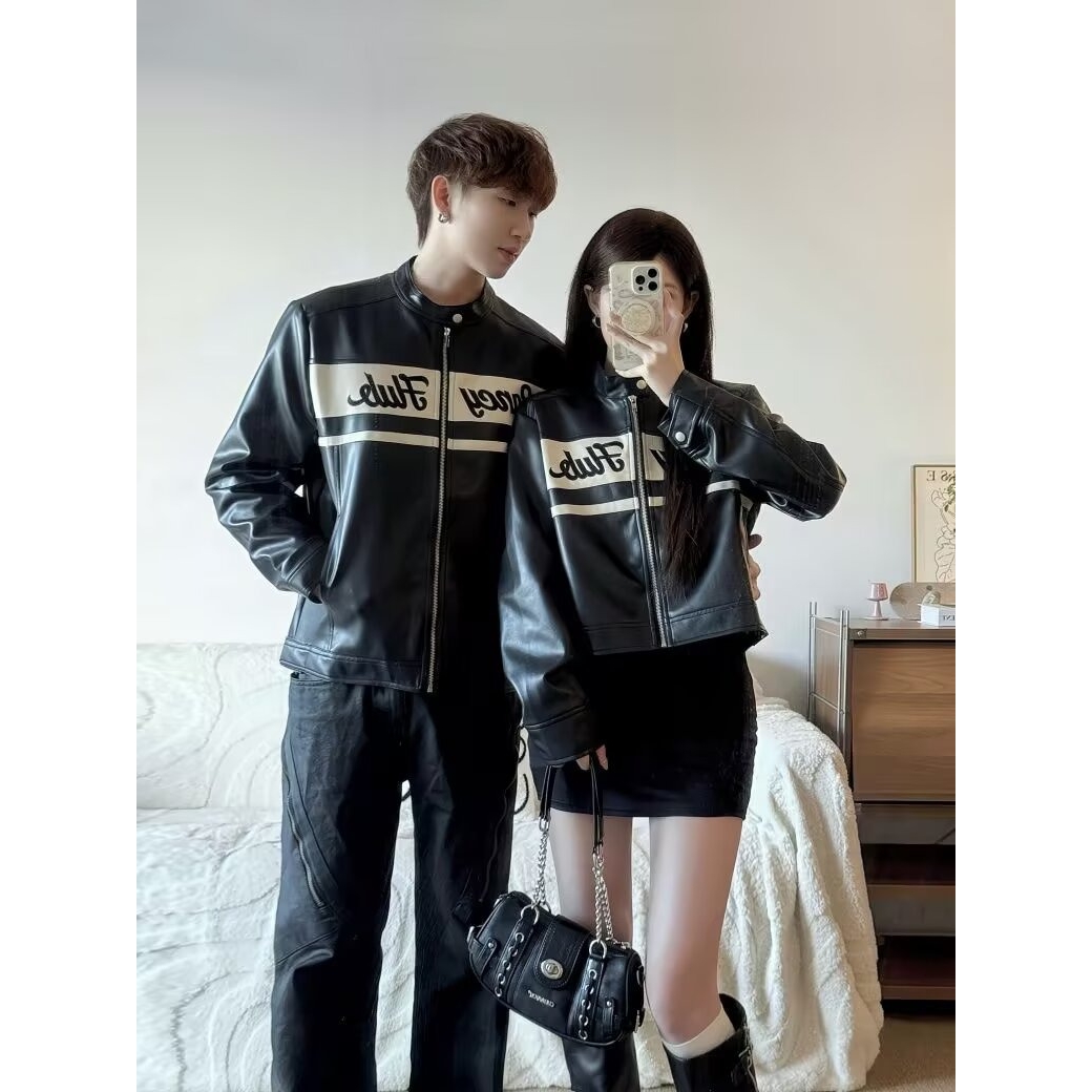 美式赛车服外套男女春秋季PU皮衣情侣宽松防风刺绣夹克百搭棒球服