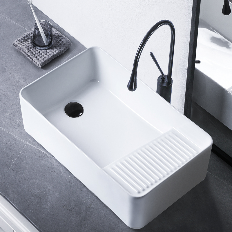 新款右侧搓衣板台上盆侧下水 家用陶瓷洗衣盆阳台洗衣机台盆单盆