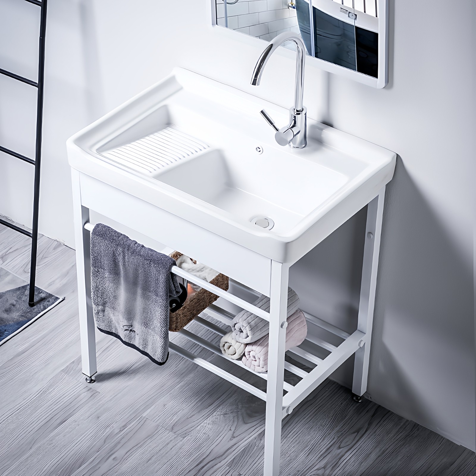 白色洗衣池带搓衣板 洗衣台盆阳台水池家用陶瓷一体卫生间洗衣槽C