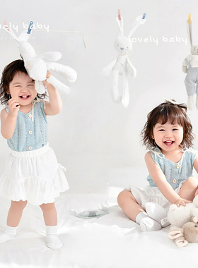 影楼女童蓝色tutu裙套装2025新款拍照儿童宝宝洋气蓬蓬蛋糕裙子