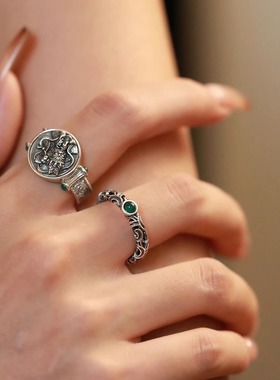 唐草纹绿玛瑙镂空开口食指戒