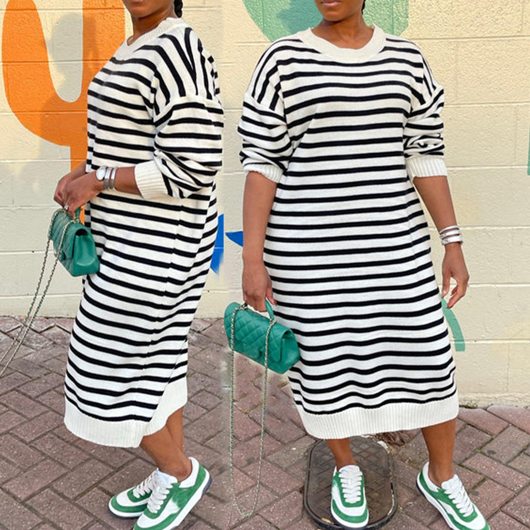 L-5XL plus size striped knit dress for women大码条纹针织裙女