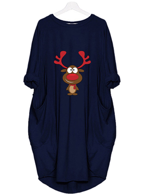 Christmas Dress Women Cute Reindeer Print Pocket Casual