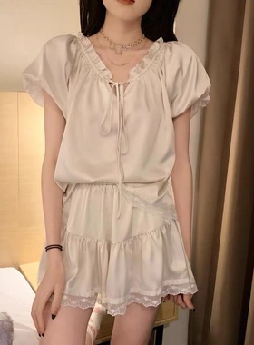 Puff Sleeve Pure Desire Lace Trim Shortsleeve Shorts Pajamas