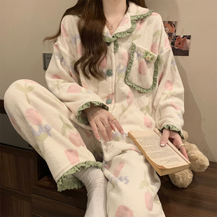 珊瑚绒睡衣女秋冬季 加绒宽松法兰绒可外穿厚家居服2024年新款 套装