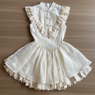 盘扣拼接小飞袖 超好看小裙子新中式 花边收腰连衣裙女 2025新款 夏季