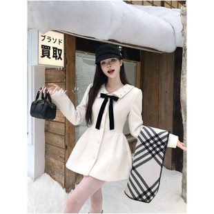 千金风富家小姐小香风蝴蝶结毛呢连衣裙女秋冬气质珍珠领精致短裙